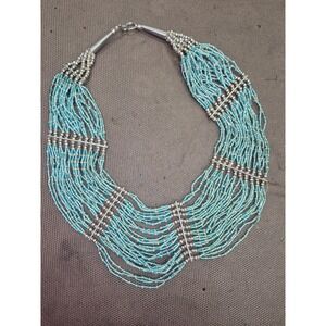 Beaded Necklace Turquoise‎ Blue Silver Multi-Strand Statement Jewelry